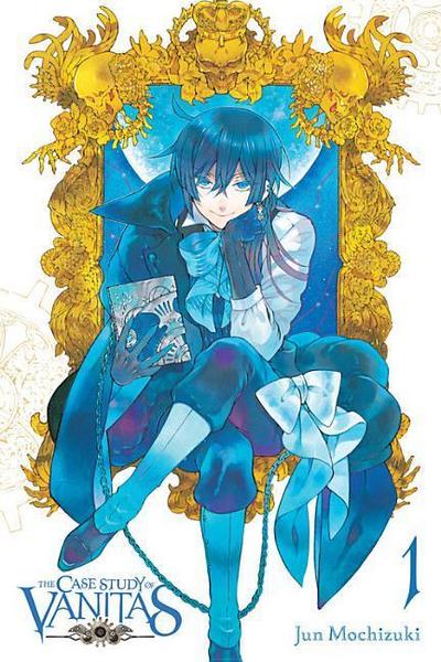 The human Vanitas sitting inside an ornate golden frame, the blue moon behind him and the Book of Vanitas in his hand.